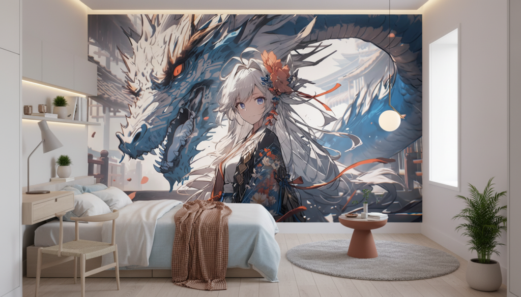 Dragon Asiatique et Jeune Femme aux Cheveux Blancs Style Anime - Chambre ado