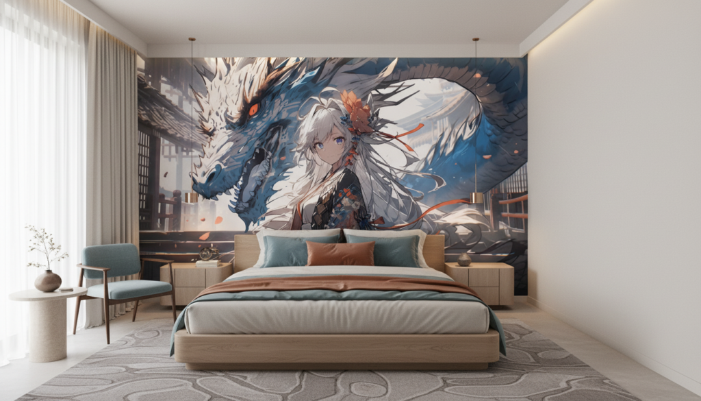 Dragon Asiatique et Jeune Femme aux Cheveux Blancs Style Anime - Chambre adulte