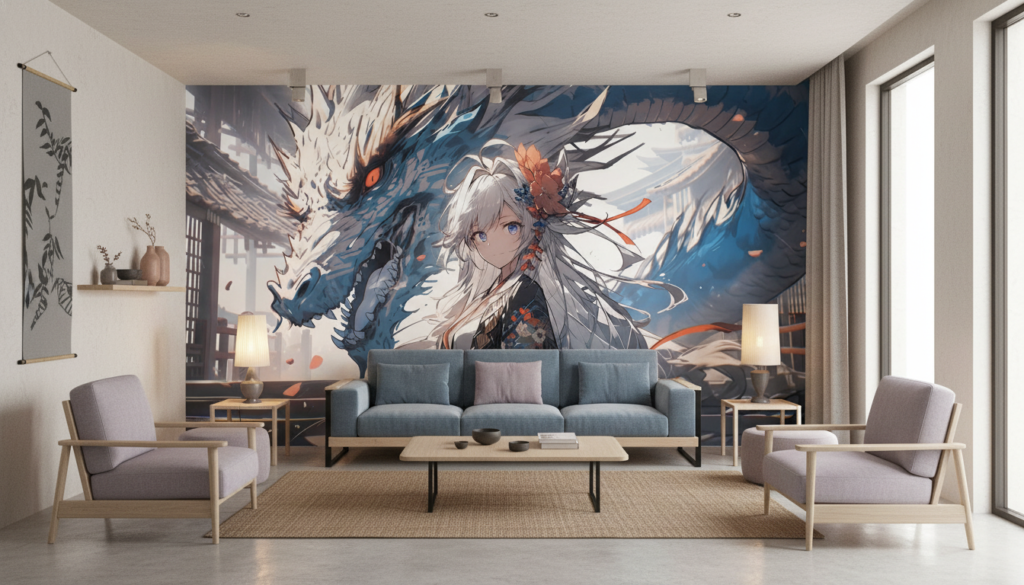 Dragon Asiatique et Jeune Femme aux Cheveux Blancs Style Anime - Salon / Séjour
