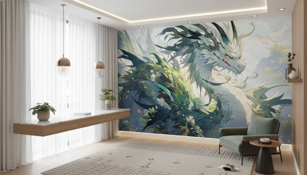 Dragon Mystique aux Écailles Végétales dans un Jardin Enchanté - Bureau