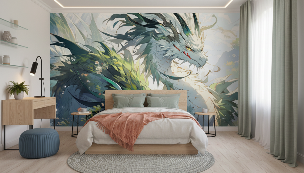 Dragon Mystique aux Écailles Végétales dans un Jardin Enchanté - Chambre ado