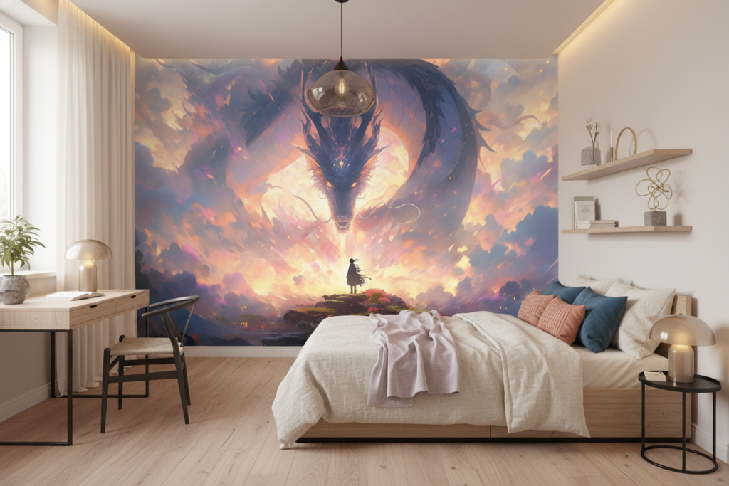 Dragon Mystique Céleste Coucher Soleil Fantastique Épique Silhouette - Chambre ado