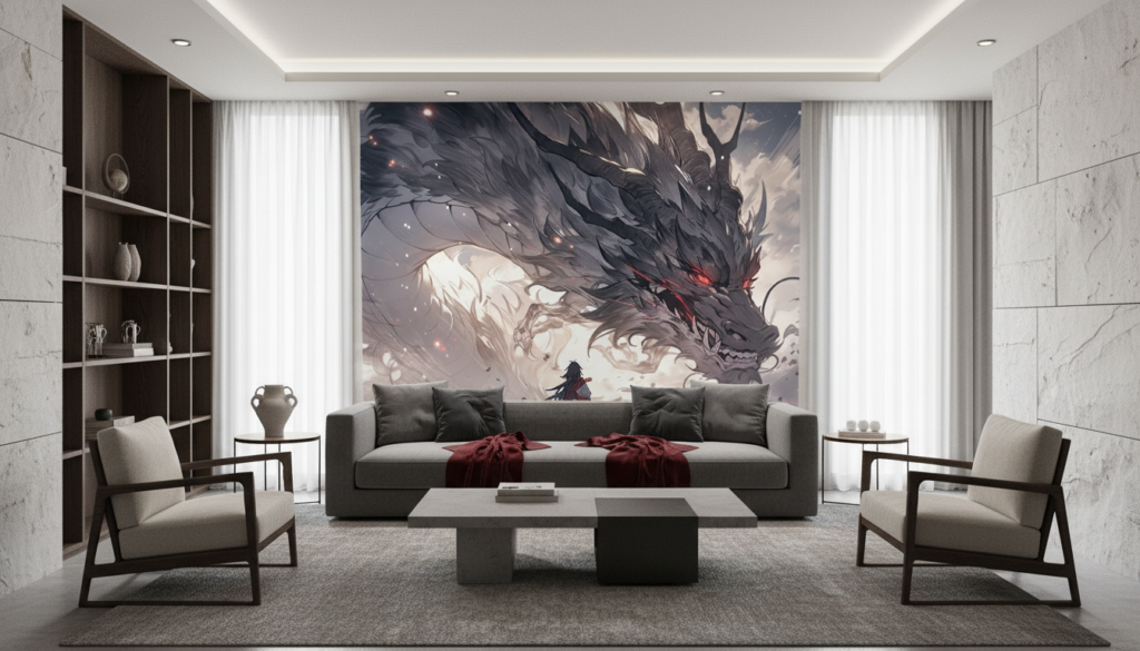 Dragon Mystique et Guerrier dans Tempête Épique Fantastique - Salon / Séjour