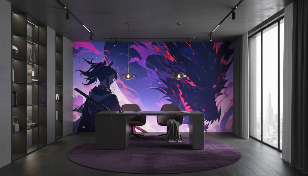 Dragon Mystique et Guerrier Samouraï dans Univers Fantastique Violet - Bureau