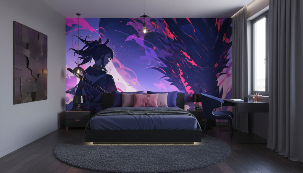 Dragon Mystique et Guerrier Samouraï dans Univers Fantastique Violet - Chambre ado