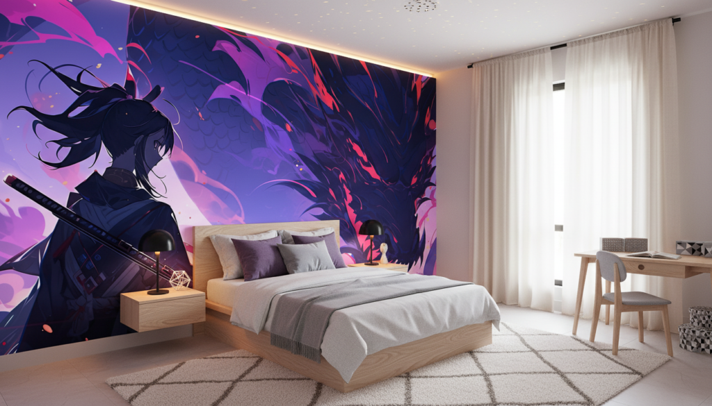 Dragon Mystique et Guerrier Samouraï dans Univers Fantastique Violet - Chambre enfant