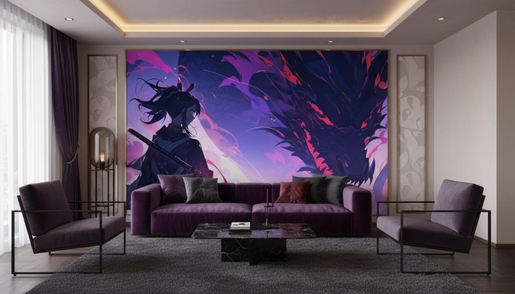 Dragon Mystique et Guerrier Samouraï dans Univers Fantastique Violet - Salon / Séjour