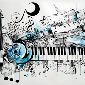 Papier Peint Musical Abstrait Piano Violon Partition Bleu Noir