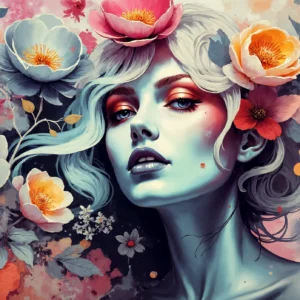 Portrait Artistique Femme aux Fleurs Aquarelle Colorée Moderne