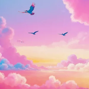 Coucher de soleil rose et violet avec oiseaux en vol
