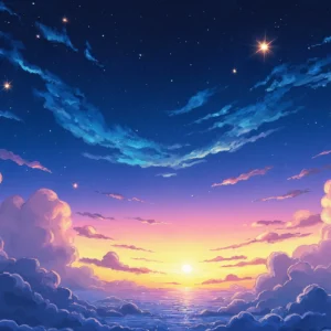 Papier peint ciel étoilé nuages roses coucher soleil océan