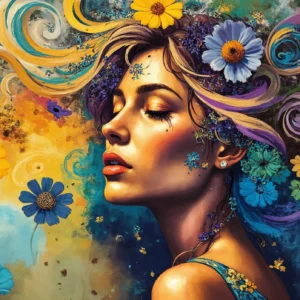 Papier peint artistique femme aux fleurs colorées style bohème