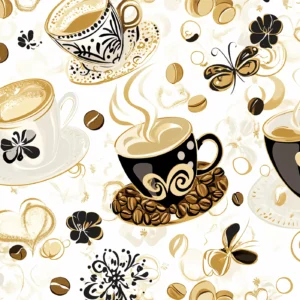 Papier Peint Café Vintage avec Tasses et Grains Dorés