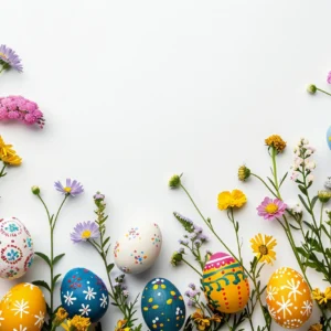 Papier peint festif œufs de Pâques et fleurs sauvages printanières colorées