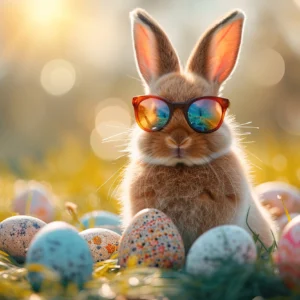 Lapin de Pâques avec Lunettes de Soleil et Œufs Colorés