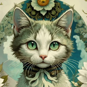 Papier peint décoratif chat aristocrate fleurs lotus style vintage