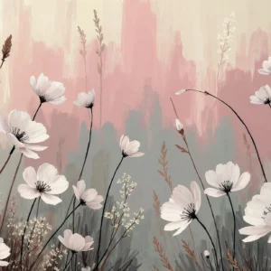 Papier peint prairie fleurie cosmos blancs fond aquarelle rose