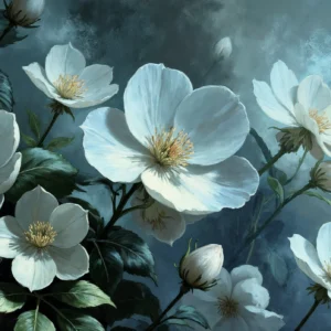 Papier peint fleurs blanches élégantes sur fond bleu dramatique