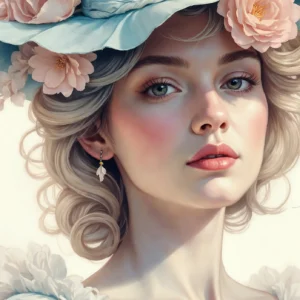 Portrait Féminin Romantique aux Fleurs Roses et Bleues Vintage