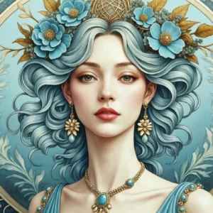 Papier Peint Art Nouveau Portrait Femme Fleurs Bleues Dorées