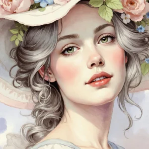 Portrait Féminin Romantique aux Fleurs Roses et Bleues Vintage