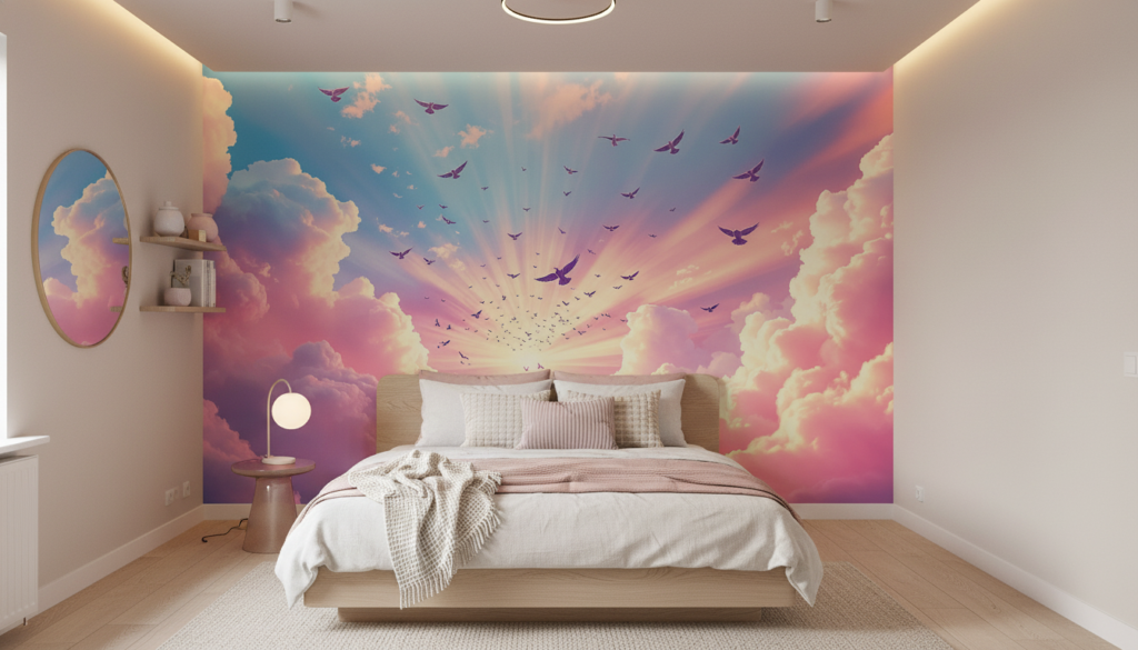 Envol céleste coucher de soleil nuages roses oiseaux en vol - Chambre ado