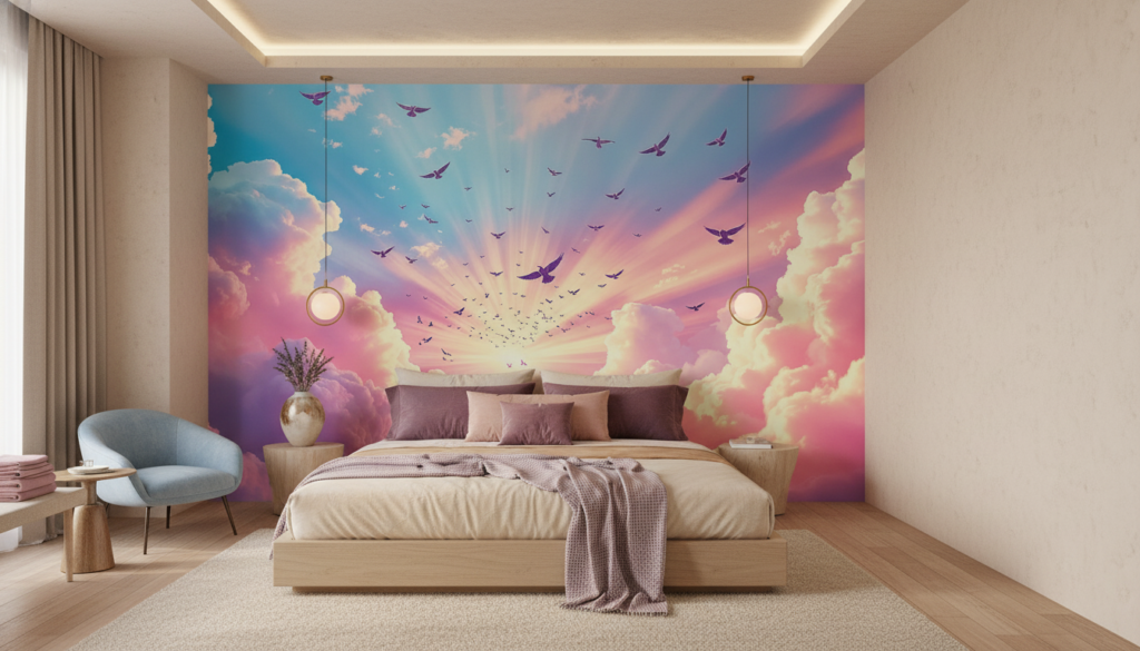 Envol céleste coucher de soleil nuages roses oiseaux en vol - Chambre adulte