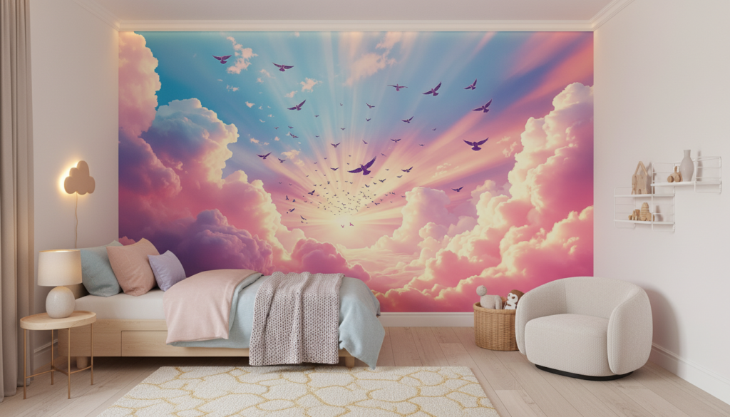 Envol céleste coucher de soleil nuages roses oiseaux en vol - Chambre enfant
