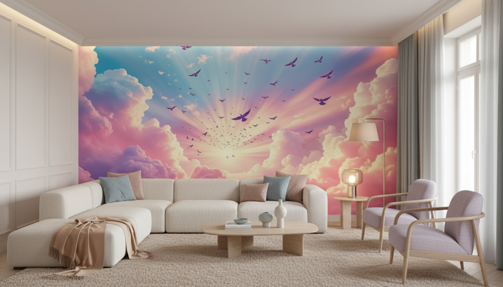 Envol céleste coucher de soleil nuages roses oiseaux en vol - Salon / Séjour