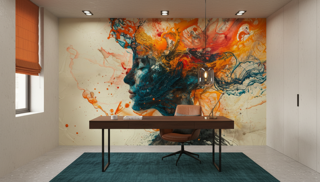 Explosion Artistique Abstraite aux Nuances Orange et Bleu Turquoise - Bureau