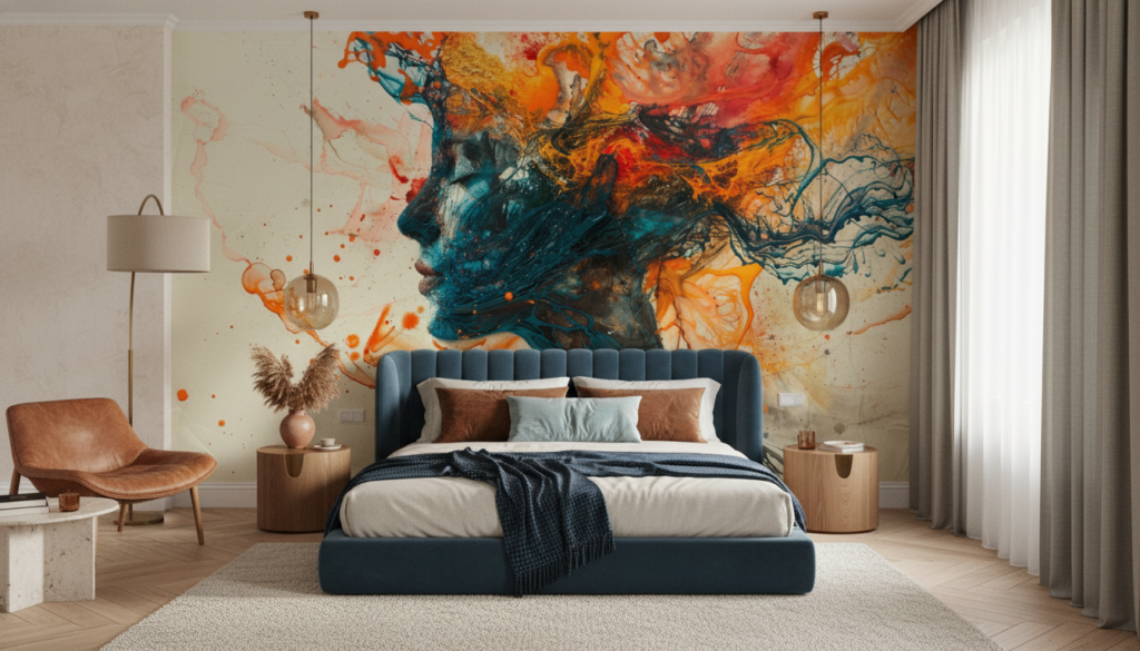 Explosion Artistique Abstraite aux Nuances Orange et Bleu Turquoise - Chambre adulte