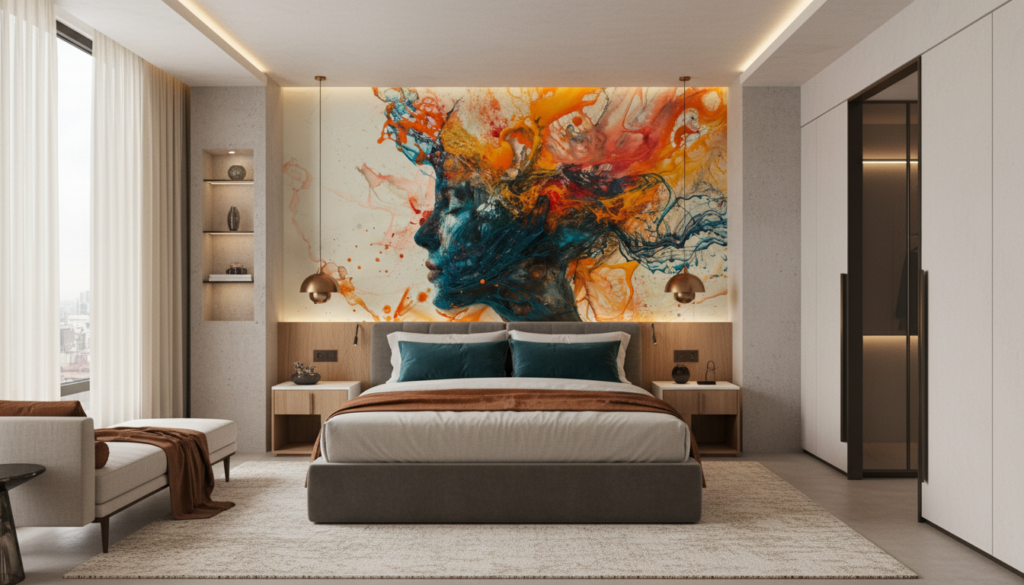 Explosion Artistique Abstraite aux Nuances Orange et Bleu Turquoise - Hôtel