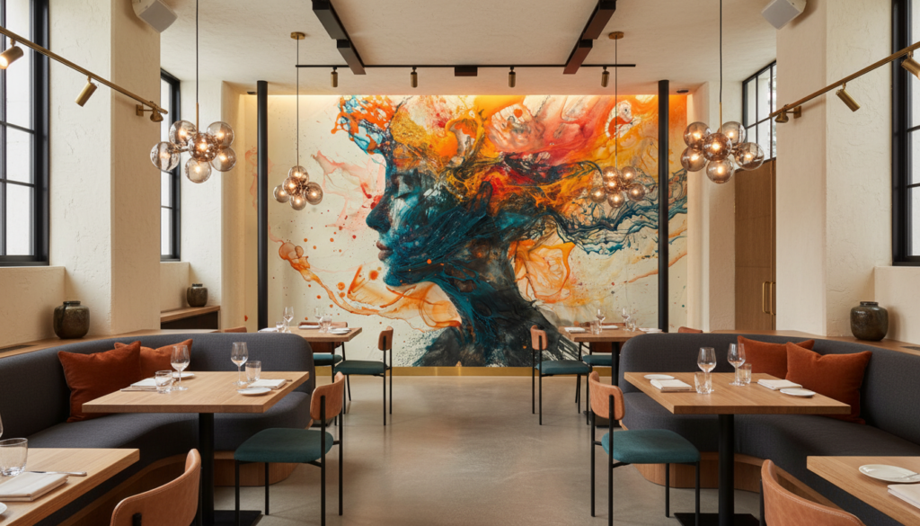 Explosion Artistique Abstraite aux Nuances Orange et Bleu Turquoise - Restaurant