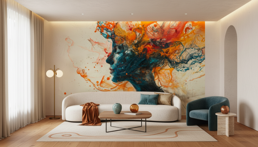 Explosion Artistique Abstraite aux Nuances Orange et Bleu Turquoise - Salon / Séjour