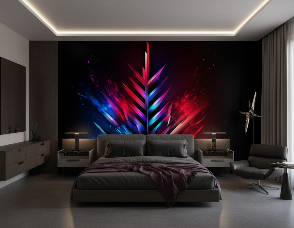 Explosion Cristalline Abstraite Multicolore sur Fond Noir Lumineux - Chambre adulte