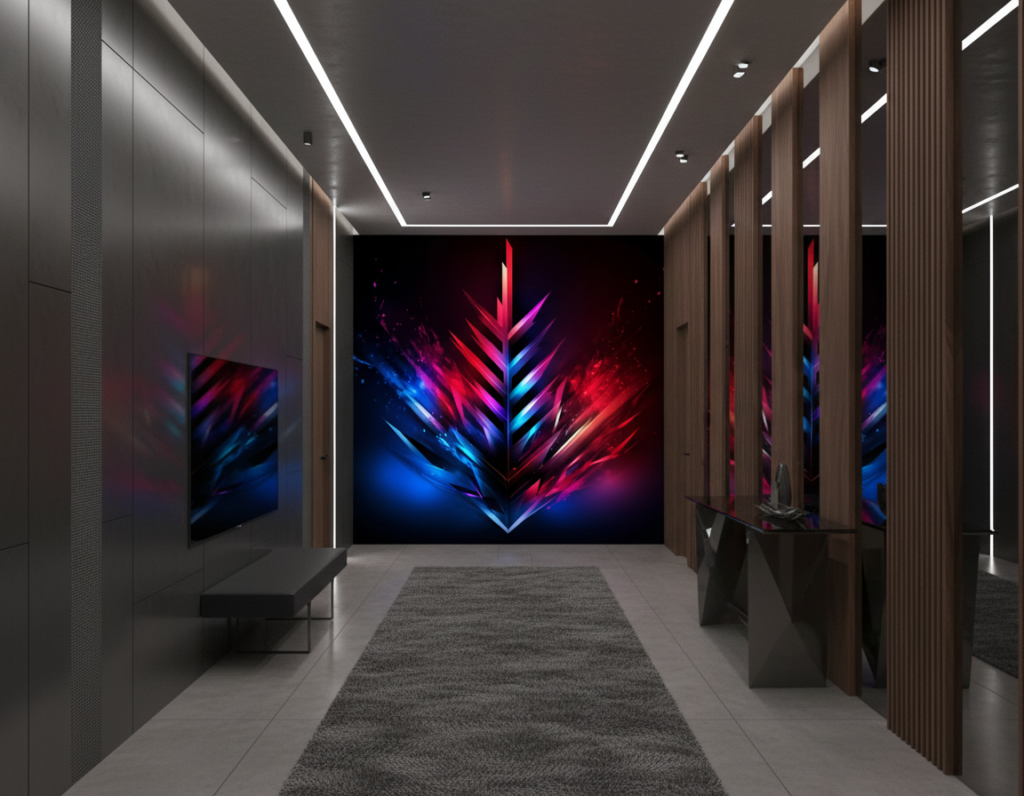 Explosion Cristalline Abstraite Multicolore sur Fond Noir Lumineux - Couloir