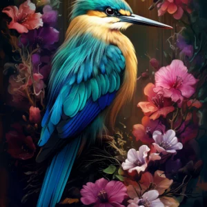 Papier Peint Tropical Martin-Pêcheur et Fleurs Exotiques Multicolores