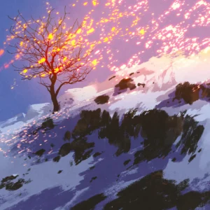 Arbre Magique sur Montagne Enneigée au Coucher de Soleil