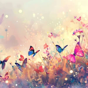 Papier peint féérique papillons colorés sur fond lumineux pastel