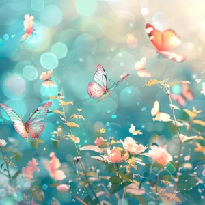 Papier peint féérique papillons multicolores et fleurs sur fond turquoise