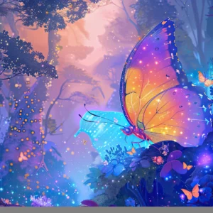 Papier peint féerique aux papillons lumineux dans forêt enchantée violette