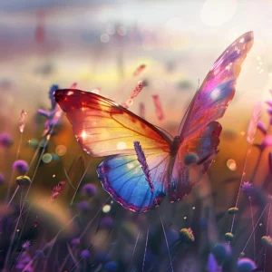 Papillon Multicolore et Fleurs Sauvages dans Lumière Dorée Magique