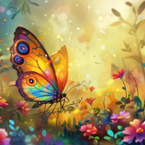 Papier peint papillon fantastique jardin coloré effet bokeh magique