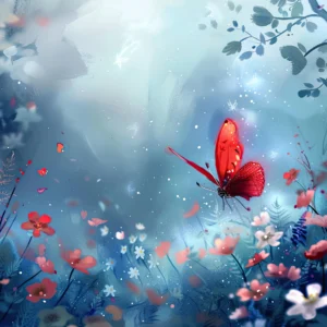 Papier peint féerique à papillon rouge et fleurs bleues romantiques