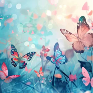 Papier peint papillons féeriques dans jardin turquoise et rose