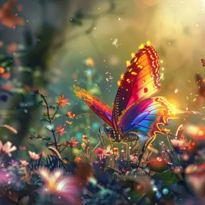 Papillon Féerique aux Ailes Arc-en-Ciel dans Jardin Magique Lumineux