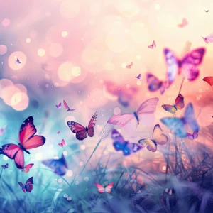 Papier Peint Féerique Papillons Multicolores sur Fond Pastel Dégradé