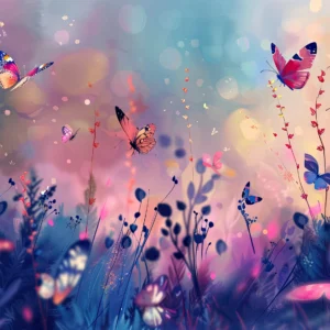 Papier peint féérique papillons colorés jardin enchanté bokeh