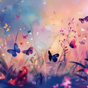 Papier Peint Jardin Féerique aux Papillons Multicolores et Lumière Dorée