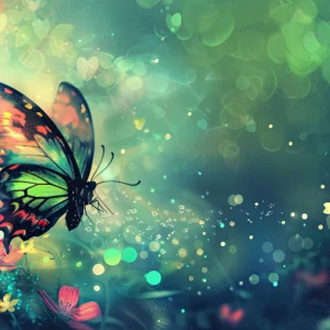 Papier peint papillon féerique aux reflets lumineux verts et dorés